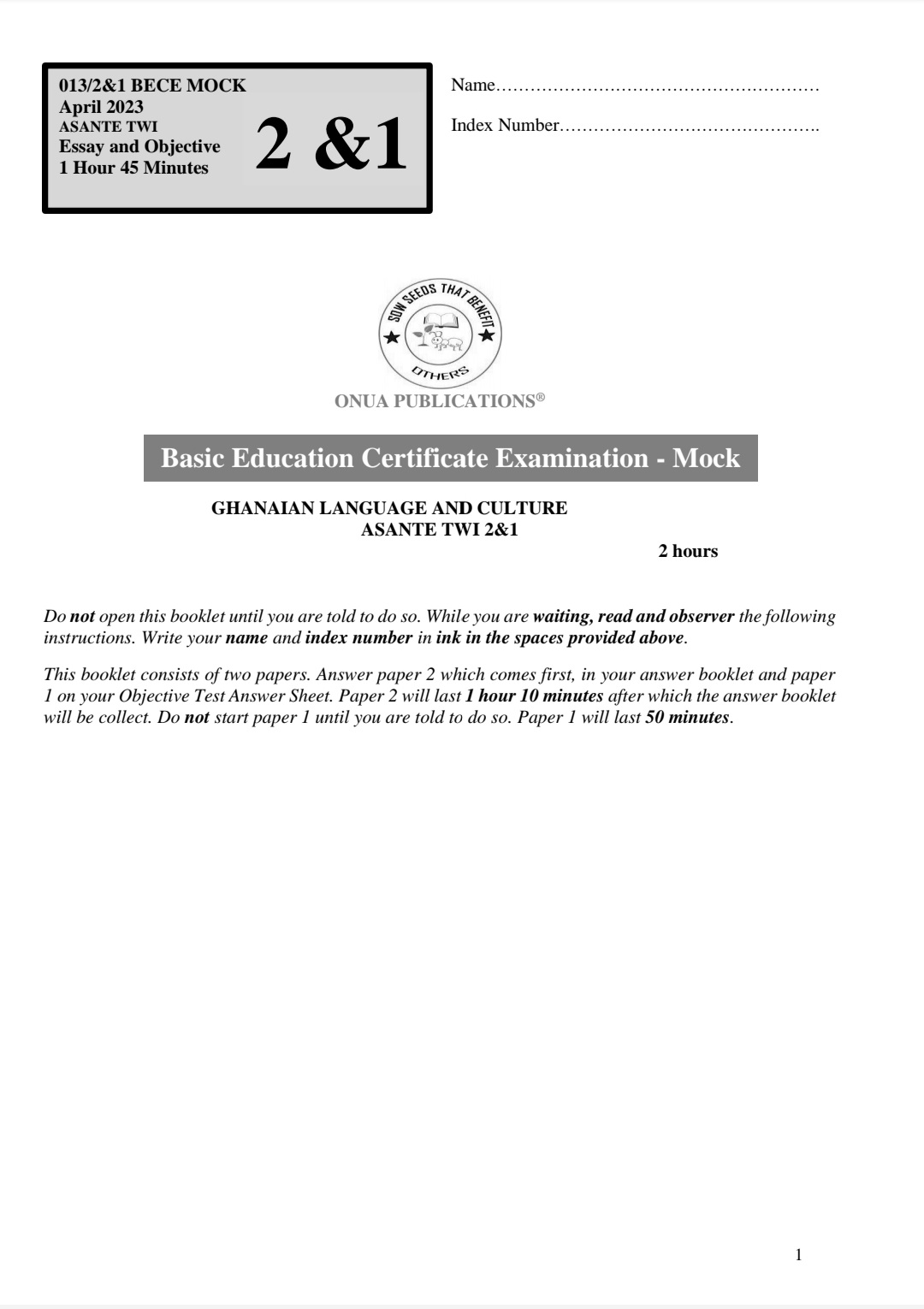 BECE Mock | 2025-2026 Asante Twi l Question Papers